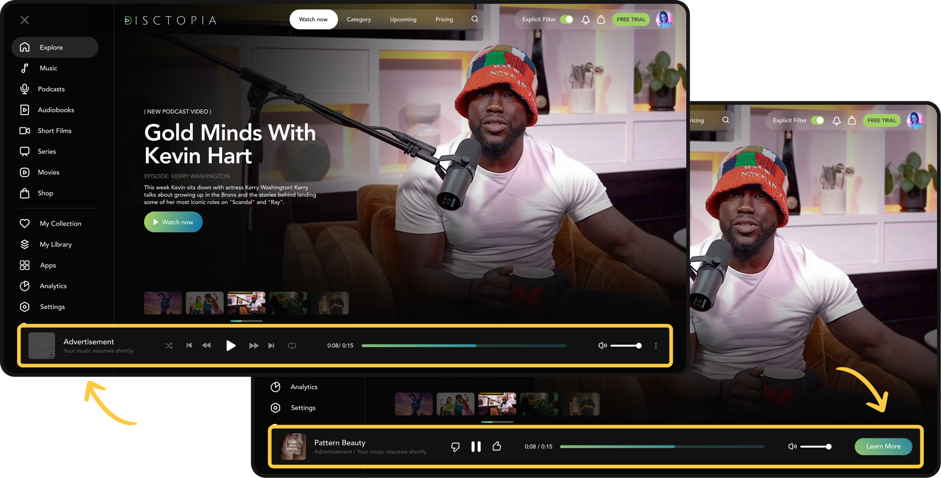 Audio advertisement with companion imagery and CTA button on Disctopia