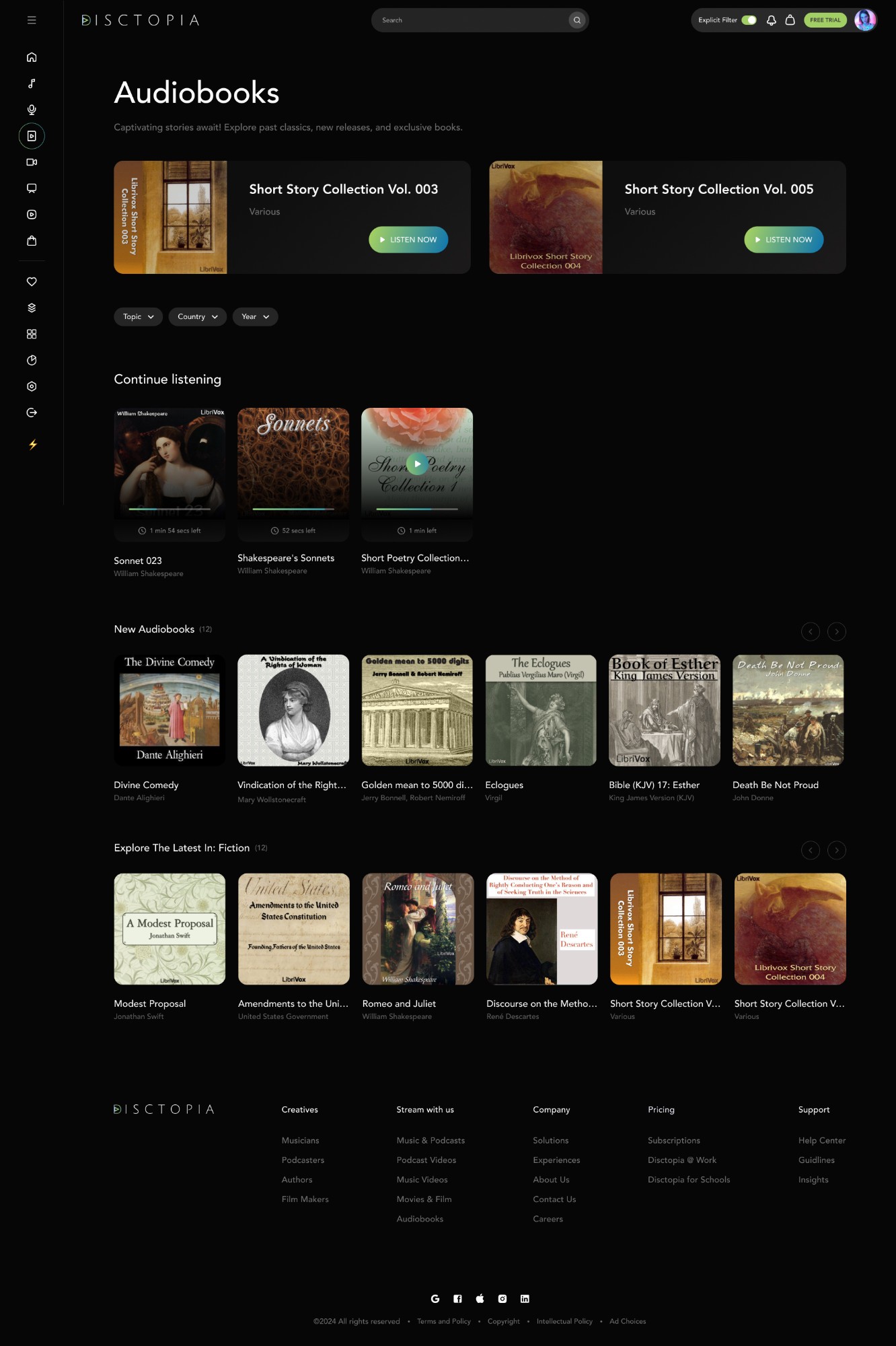 Disctopia Audiobooks library — continue listening, new audiobooks, and editorial picks driven by TruePlay engagement