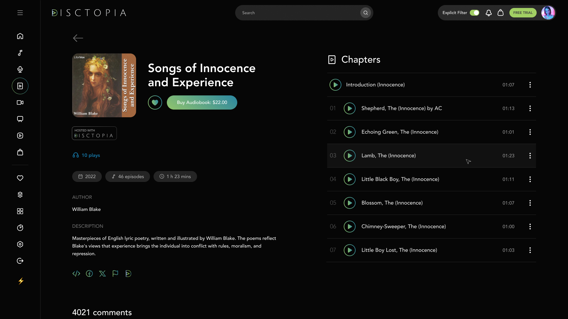 Audiobook detail page on Disctopia — Songs of Innocence with Buy Audiobook $22.00 CTA and chapter list