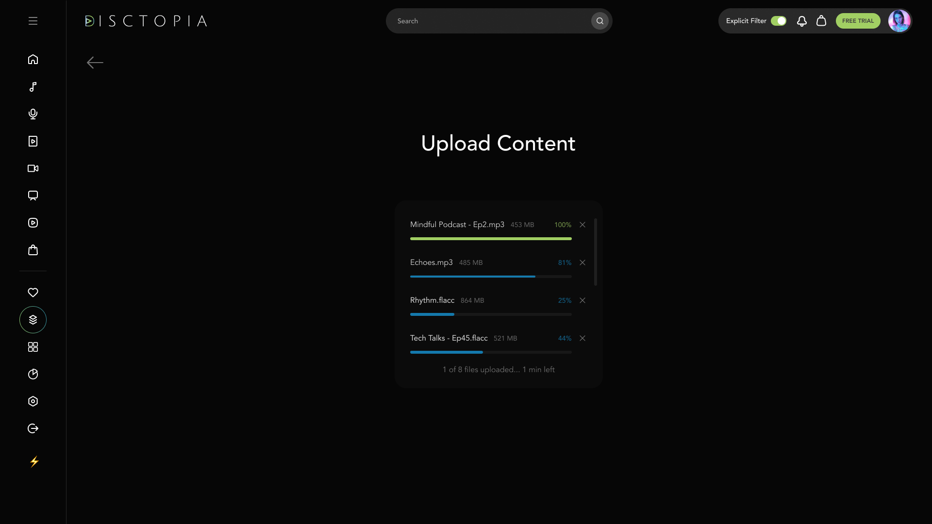 Disctopia Upload Content — multi-file batch upload of audiobook chapters with per-file progress